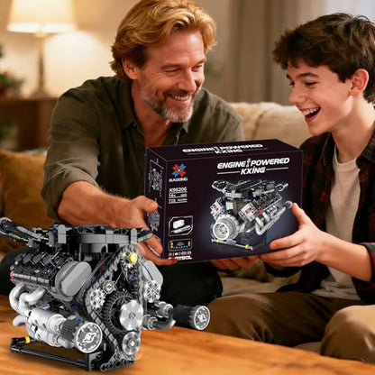 V8 Engine Model Kit that Works with LED Light & APP Control, 8-Cylinder Visible Engine Building Blocks Set, Build Your Own STEM Engineering Kit that Runs, Collection Set for Adults & Kids (715 PCS) - color: Black