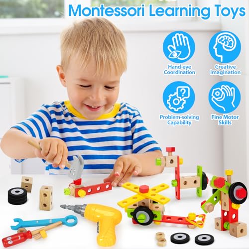 Kids Tool Set Toy with Drill, Stem Montessori Toys for 3 4 5 Years Old Boy Girl, 44 Pcs Wooden Toddler Tool Kits Inc Box, Learning Educational Construction Toy (Pack of 3)