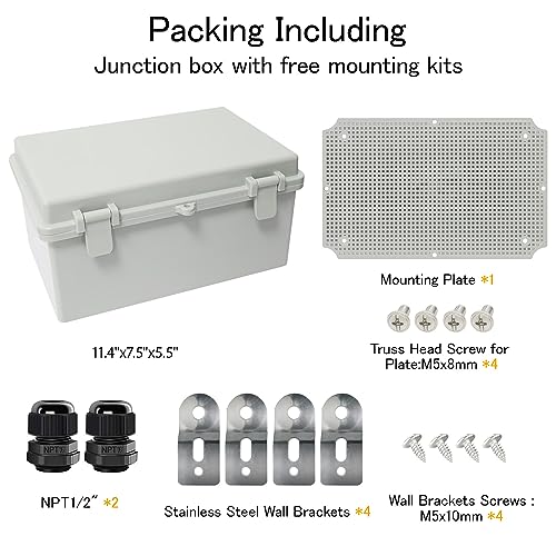 Junction Box IP65 Waterproof Electrical Box Outdoor ABS Plastic Project Box Hinged Shell Universal Enclosure Box with Mounting Plate, Wall Brackets, Cable Glands 11.4" x 7.5" x 5.5" - color: Grey, size: 11.4" x 7.5" x 5.5"