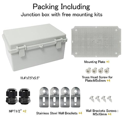 Junction Box IP65 Waterproof Electrical Box Outdoor ABS Plastic Project Box Hinged Shell Universal Enclosure Box with Mounting Plate, Wall Brackets, Cable Glands 11.4" x 7.5" x 5.5" - color: Grey, size: 11.4" x 7.5" x 5.5"