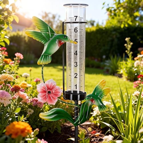 Hummingbird Rain Gauge Outdoor, 38" Tall Solar Rain Gauges - color: Green - Hummingbird
