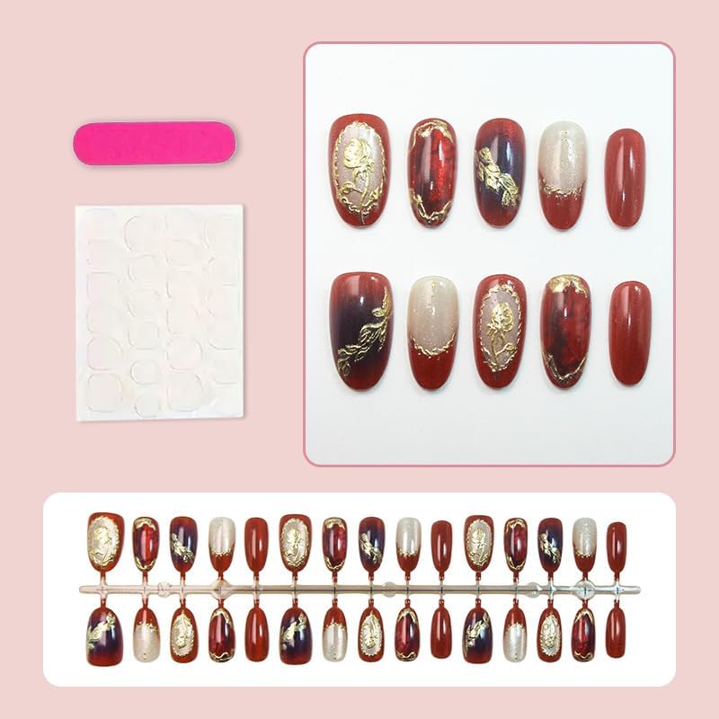 Almond Press on Nails Short Red Fake Nail Golden Embossed Acrylic Nail Press ons Roses Stick on Nail for Women 24pcs - color: Color33