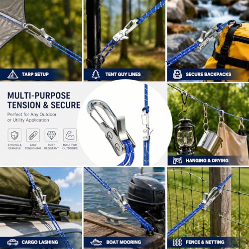 6-Pack Tensioner & Rope Tightening Tool, Paracord Adjusters with Roller Lock Buckle for Easy and Secure Tying, Heavy Duty Tie Down for Boating, Camping & Outdoor Gear