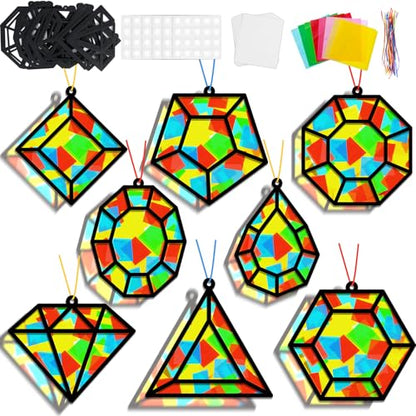 Lonfliness 32Sets Jewel Suncatchers Ornaments Kit DIY Window Stained Glass Effect Paper for Sun Catchers Craft Home Decor Creative Art Projects Activity Birthday Gift - style: Diamond