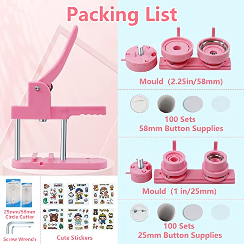 Happizza Button Maker Machine Multiple Sizes, Pin Maker Machine 1+2.25 inch, Badge Button Press Machine with Cute Stickers and 200 Sets Button Making Supplies&Circle Cutter for Girls Women(Pink) - size: Pink 1+2.25 inch (200 Sets)