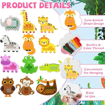 Cross Embroidery Kit for Kids Beginner 12 Jungle Animals Felt Keyrings Needlepoint Embroidery Starter Set with Jumbo Plastic Needles Pre-Printed Patterns for DIY Arts & Crafts Gift Safari Party Favor