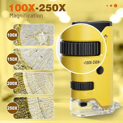 100x-250x Pocket Microscope for Kids Adults, Protable Handheld Miniscope, Mini Microscope Kit for Kids Adults Home School Lab Biology Science Education, Yellow - color: Yellow