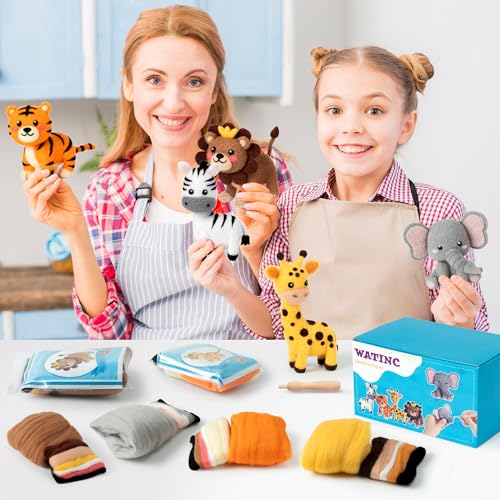 WATINC Needle Felting Kit - 5 Set Unique Different Cute Doll Wool Felt Needle Tools Foam Pad Instruction, DIY Home Decoration Craft Party Supplies for Art Work Starter Beginners (Wild Animal) - style: Wild Animal