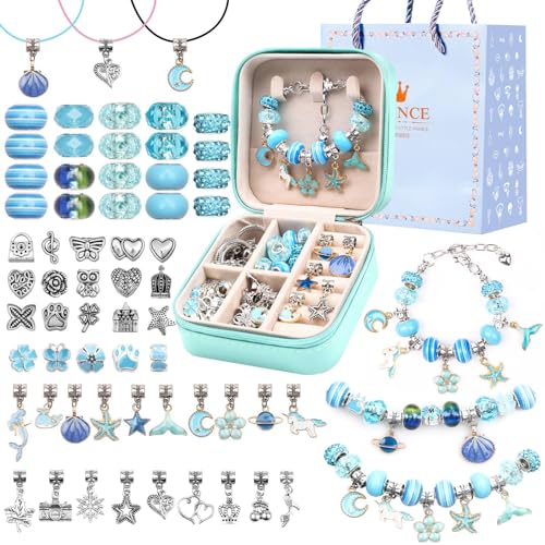 UFU Charm Bracelet Making Kit, Jewelry Making Kit Craft Gift for Girls 5 6 7 8-12, A Sweet Birthday Gift to Inspire Imagination & Creativity, with Portable Jewelry Box - color: E-Blue-2