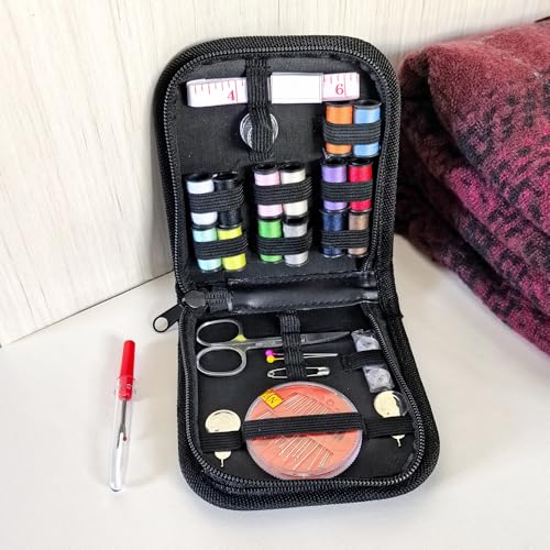 42pcs Sewing Kit for Home, Travel & Emergencies - Filled with Notions Scissor & Thread - Black Bag - color: Black