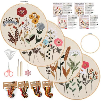 Embroidery Kit, 4 Pack Embroidery Kit for Beginners with Flower Pattern - color: KIT 02