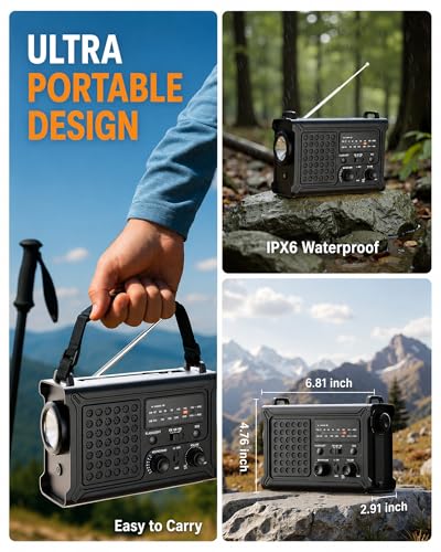 Emergency Radio, 12000mAh Solar Hand Crank NOAA Weather Radio, Black - color: Upgraded Black