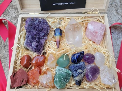 Crystals and Healing Stones Premium Kit Wooden Box - Chakra Stones Healing Crystals Set, Rose Quartz, Amethyst Cluster, Quartz Points, Chakra Pendulum (Deluxe Chakra Collection) - color: Deluxe Chakra Collection