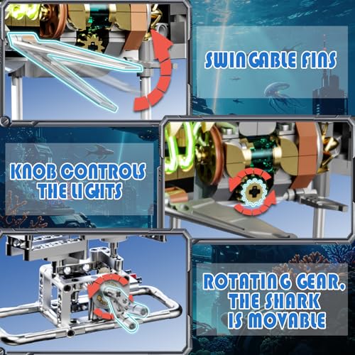 Mechanical Shark Building Set with Light for Boys 8-14, Compatible with Lego Shark, 687PCS Ocean Animals with Display Stand & Movable Joints, Sea Fish Toys Gifts for Home/Office Decor for Adults Kids