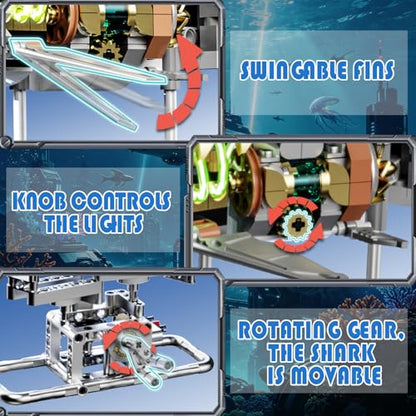 Mechanical Shark Building Set with Light for Boys 8-14, Compatible with Lego Shark, 687PCS Ocean Animals with Display Stand & Movable Joints, Sea Fish Toys Gifts for Home/Office Decor for Adults Kids