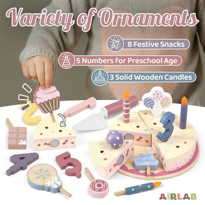 Wooden Birthday Party Cake Play Food Sets for 3 4 5 Year Old - color: Pink