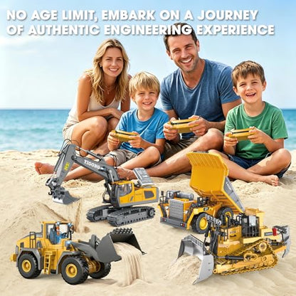 Remote Control Excavator (11-Channel), Dump Truck, Bulldozer, Loader (9-Channel), 2.4GHz Remote Control Construction Vehicles, Made of ABS, with Cool Lights and Sound Effects, 4-Pcs - color: Excavator Four-piece Set