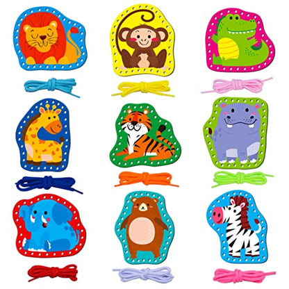 SpriteGru 9 Pieces Kids Lacing Cards, Double Sided Sewing Cards in 9 Wild Animals with 9 Colorful Laces, Imagination Development Lacing Toys Games for Children Educational and Learning Activity - color: Animals