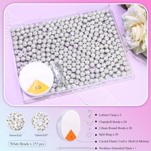 Dowarm 255PCS 10mm Rhinestone Beads for Baseball Necklace Bracelet Jewelry Making, White Rhinestone Clay Beads for Crafts Beaded Pen, Round Polymer Clay Shamballa Pave Disco Diamond Bead - color: 01-White