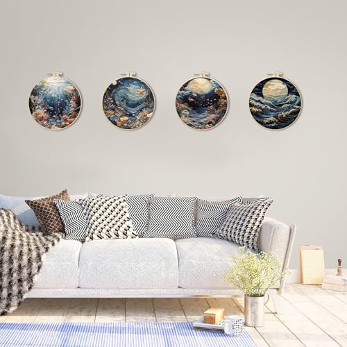 SCECALA 4 Sets Ocean Underwater Embroidery Kit, Blue Coastal Wave Themed - color: Black