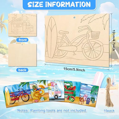 COCHIE 10 Pieces Large Summer Unfinished Wood Crafts to Paint for Adults, Bulk Predrilled Wooden Ornaments for Painting, Beach Pattern Paintable Wood Slices Craft Supplies with Ropes - color: Summer