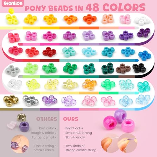 Gionlion 4200Pcs Pony Beads for Bracelet Making Kit, 48 Colors Kandi Beads Bracelet Kit, 2500PCS Rainbow Candy, 1700PCS Friendship Letter Bead with 20 Meter Elastic Strings - color: 48 Colors 4200PCS