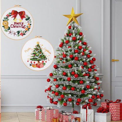 Topapfo Christmas Embroidery Kit for Beginners Adults, Needlepoint Cross Stitch Starters Kits Hand Embroider Craft with Embroidery Stitches Instructions Hoops Threads - color: red-wreath