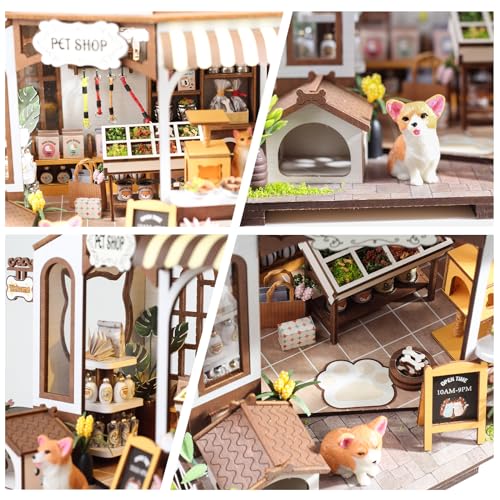 Pet Shop DIY Miniature House Kit, Wooden Dollhouse with LED for Adults - style: Pet Shop