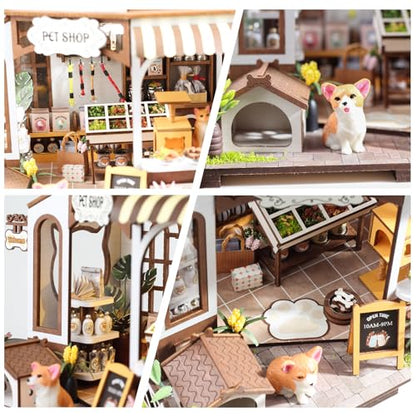 Pet Shop DIY Miniature House Kit, Wooden Dollhouse with LED for Adults - style: Pet Shop