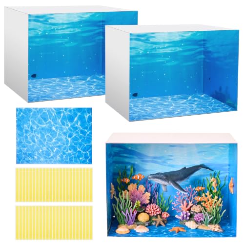 AmazingSpark 2 Set Ocean Diorama Box and Water Sticker Decor, Ocean Diorama Project Supplies Set, Cardboard Display Case Kit & Water Sticker with Double Sided Tapes for DIY Crafts Toys Dollhouse - style: Ocean,Cube