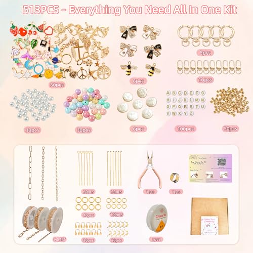 NewOasis 513Pcs Gold Keychain Making Kit & Bag Charm Kit, DIY Lip Gloss Charms & Jewelry Making Supplies with Enamel Charms, Beads, Pliers - Coquette Aesthetic & Preppy Gifts - color: Gold-513pcs kit