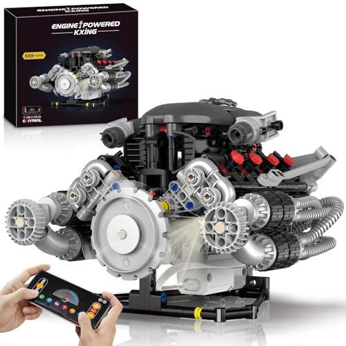 HIGH GODO V8 Engine Building Kit that Works, Build Your Own MOC V8 Engine Model with App Control, Visible Car Engine Model Kit with Motor and Lights, Ideas Gifts for Teens Adults 14+(689 PCS) - style: V8 Engine-E