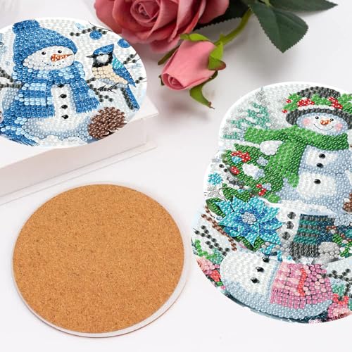 8 PCS Christmas Diamond Art Coasters Kits with Holder Cork Pads - color: Christmas Snowman a Coasters