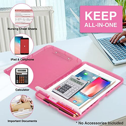 Sooez Glitter Clipboard with Storage, Nursing Clip Boards 8.5x11 with Pen Holder, Cute Clipboards with Low Profile Clip, Sparkle Plastic Organizer Case Box for Women Teacher, Side Opening - color: Glitter Rose Pink