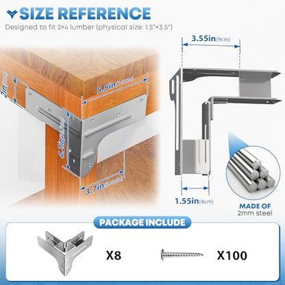 Workbench and Shelving Hardware Kit - Galvanized Steel Workbench Bracket Kit - 8PCS Workbench Brackets with 100 Upgraded 201 SS Screws - 2x4 Workbench Kit for Custom Size Table - Fits 1.5"x3.5" Lumber