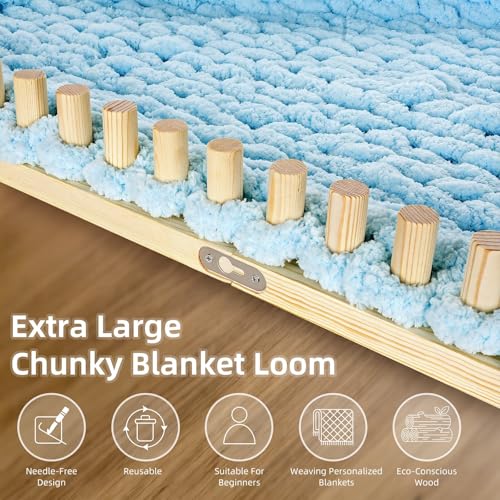 TISOFU 62" Chunky Blanket Loom, Large Wooden Loom Frame, Hand Knitting Kit for Adults Beginners, Adjustable Chunky Blanket Making Kit - size: 62 in