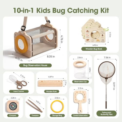 Wooden Bug Catcher Kit for Kids 3-8, 10PCS Durable Outdoor Explorer Kit with Magnifying Glass, Butterfly Net & STEM Guide, Catch & Release Adventure Set for Backyard & Camping