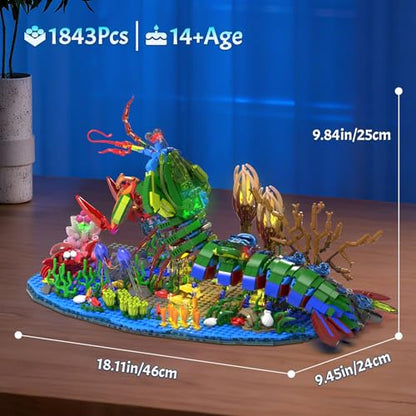 Mechanical Mantis Shrimp Building Block Sets, 1843 Pcs Sea Creatures Building Toys with Miniature Undersea Landscape & Led Light, 18.11x9.45x9.84in DIY Model Kit for Adults Teens 14+