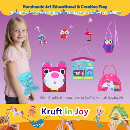 Kruft in Joy My First Sewing Kit Fun Felt Craft for Kids-8 Easy DIY Project twiggle Stuffed Animal Doll Plush Pillow Bag Charms Unicorn Mermaid Bear Fox Owl,Learn to Sew Embroidery Gift for Girl 5 12