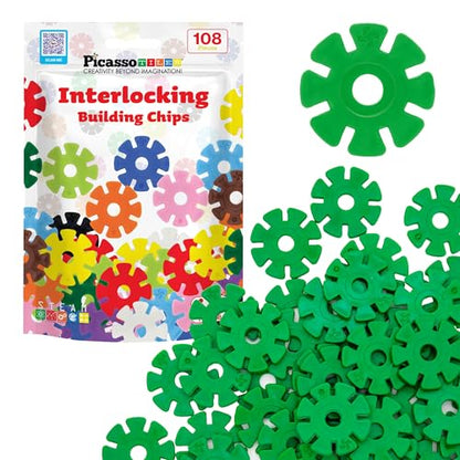 PicassoTiles Building Chip Interlocking Disc Construction Blocks in Green Color STEM Learning Early Education Toy Engineering Playset Child Brain Development for Toddlers Girls Boys Kids Age 3+ PTF108 - color: Grn