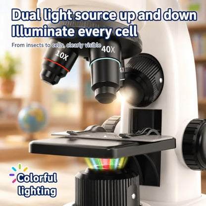 Kids Microscope Kit, 40X-1600X Beginner Microscope for Kids with LED Light, Prepared Slides, Phone Adapter and Lab Tools, STEM Science Toy for Ages 5-12