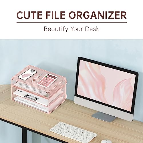 DALTACK 3 Tier Letter Tray Paper Organizer with Sliding Mesh Trays Pink - color: Pink
