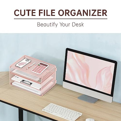 DALTACK 3 Tier Letter Tray Paper Organizer with Sliding Mesh Trays Pink - color: Pink
