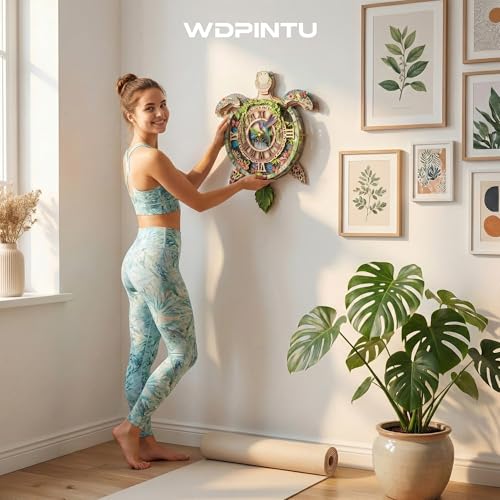 3D Wooden Puzzle Clock - Sea Turtle Design, DIY Mechanical Pendulum Wall Clock with Roman Numerals, Unique Nature-Themed Gift for Adults - color: Green