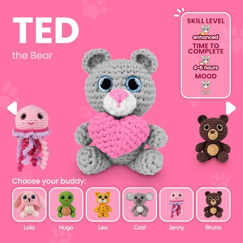 Cookie Box Crochet Kit for Beginners, Bear Ted - color: Gray and Pink