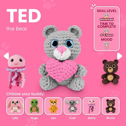 Cookie Box Crochet Kit for Beginners, Bear Ted - color: Gray and Pink