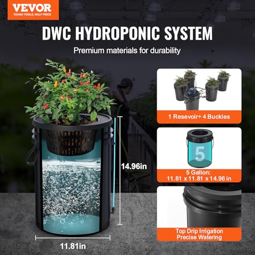 VEVOR RDWC Hydroponics Grow System, Hydroponic Growing Kit with Top Drip, Recirculating Deep Water Culture 4 Buckles and 1 Reservoir, with Air Pump and Water Level Device for Leafy Vegetables - style: 4 Buckets+1 Reservoir