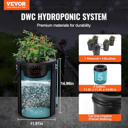 VEVOR RDWC Hydroponics Grow System, Hydroponic Growing Kit with Top Drip, Recirculating Deep Water Culture 4 Buckles and 1 Reservoir, with Air Pump and Water Level Device for Leafy Vegetables - style: 4 Buckets+1 Reservoir