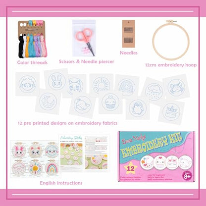 Louise Maelys Embroidery Kit for Beginners, 12 Packs Pre-Printed DIY Sewing Craft Kit,Kids Girls Cross Stitch Kit with Hoop, Threads, Needles and Scissors, Cute Animal & Cartoon Patterns, Ages 8+ - color: Kit-3