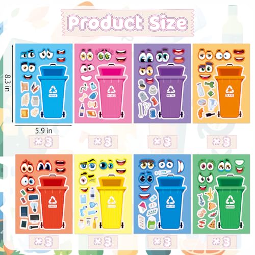 24 Sheets Recycling Bin Make a Face Sticker, Make Your Own Trash Bin Stickers Mix and Match Sticker for Home School Classroom Crafts Activities Reward Birthday Party Favors - style: Trash Sorting